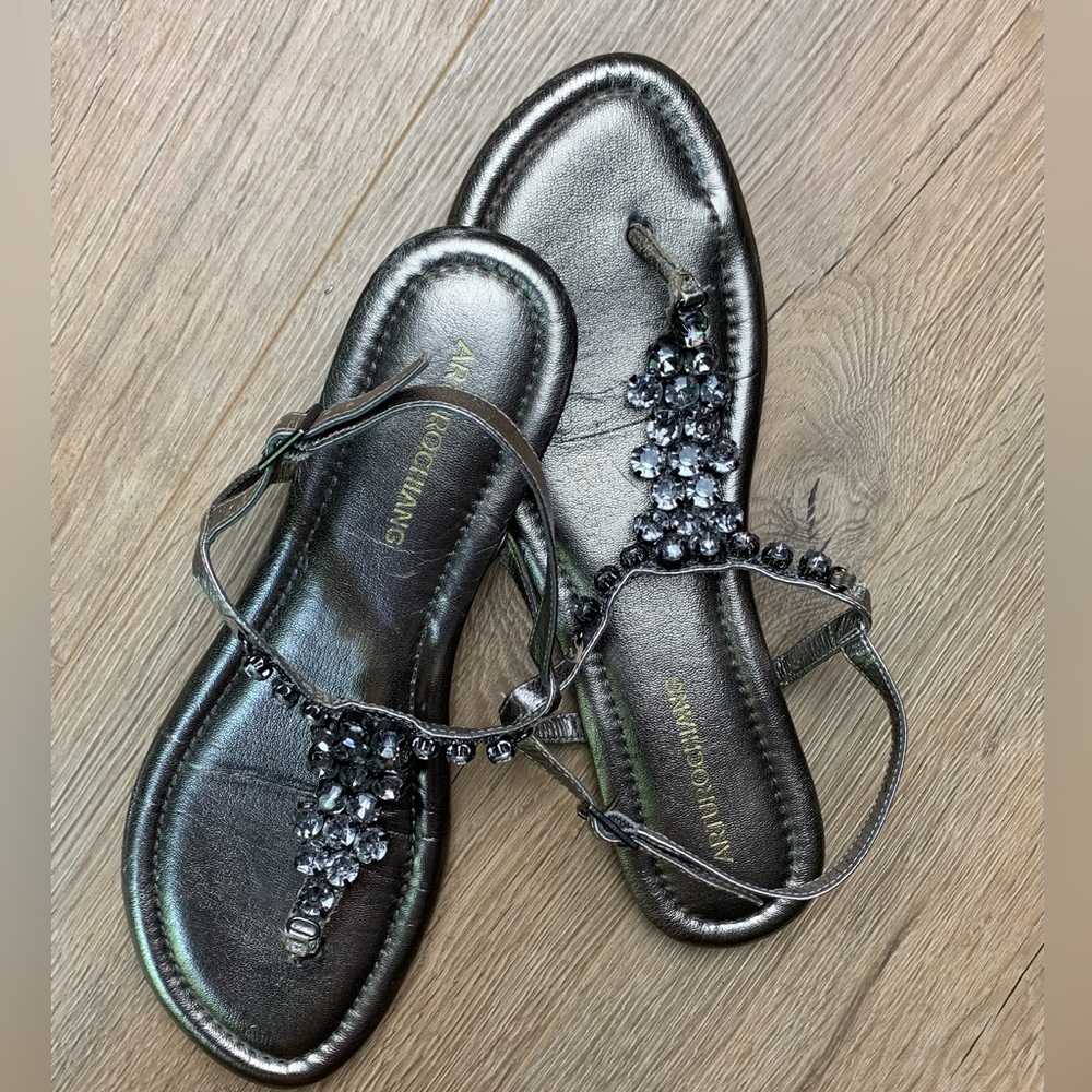 Arturo Chiang Leather Embellished Pewter Sandals